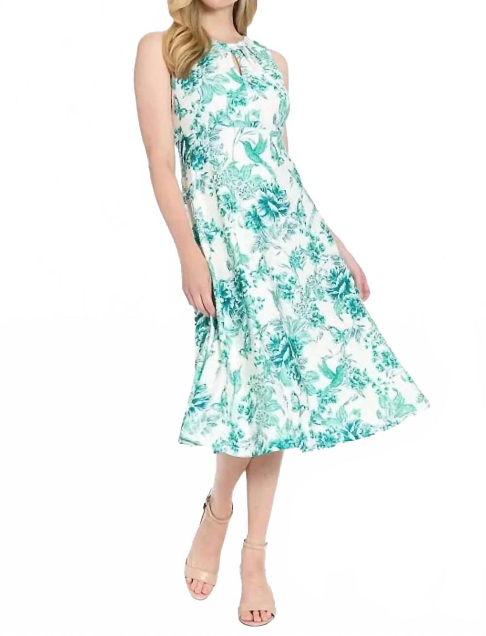NEW LONDON TIMES floral pointelle midi dress in soft white/teal
